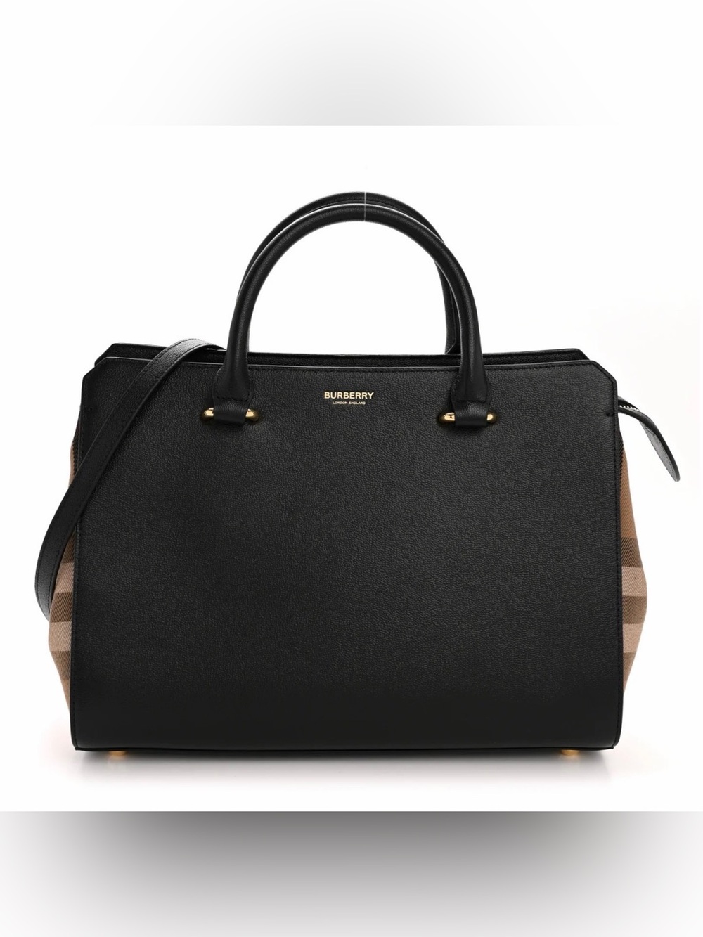 BURBERRY Calfskin Mega Check Medium Banwell Tote Black